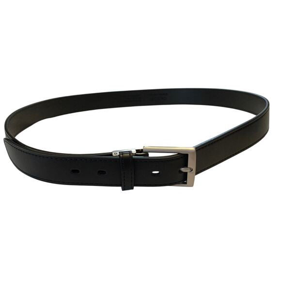 OOBE Men's Black Leather Belt Silver-Tone Buckle Size Medium Preppy Substantial - Picture 3 of 11